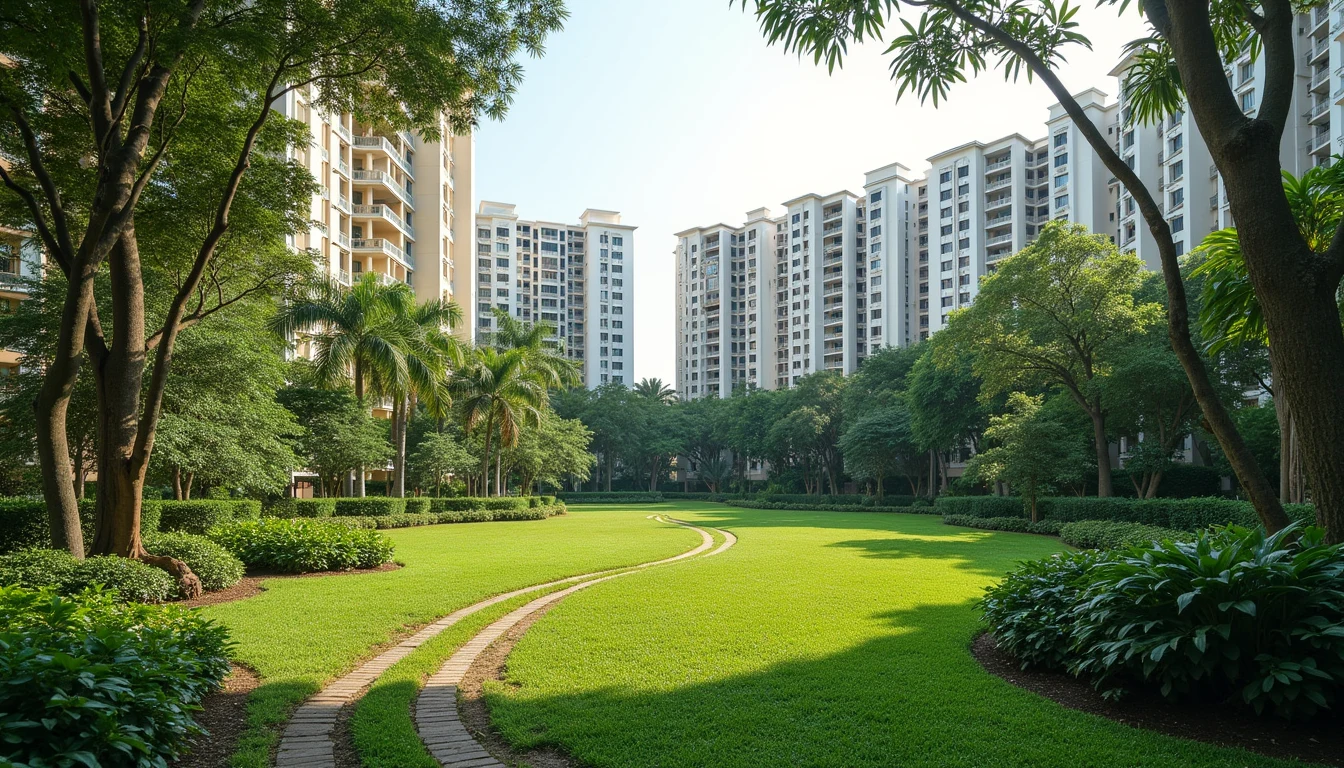 Illustration of a leafy Singapore residential neighbourhood with low-rise apartment blocks beside landed houses and a green park