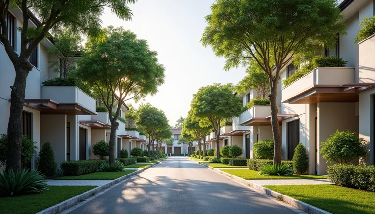 Illustration of a quiet Singapore landed housing street with modern detached houses and tropical trees