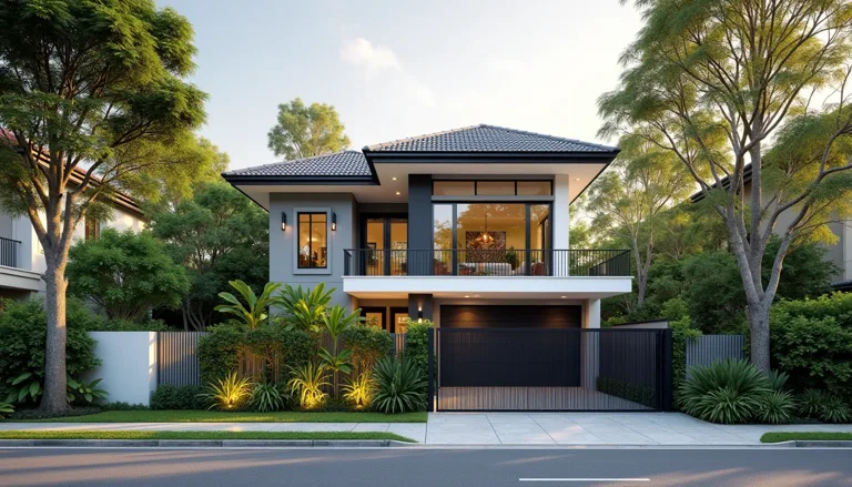 Illustration of a modern detached house with a garden on a quiet Singapore landed street