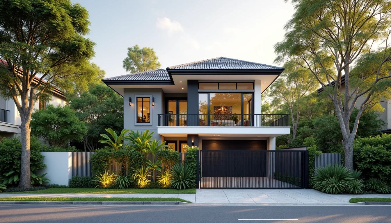 Illustration of a modern detached house with a garden on a quiet Singapore landed street