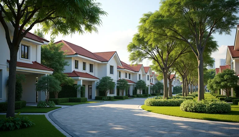 Illustration of detached, semi-detached and terrace houses side by side on a tree-lined Singapore street
