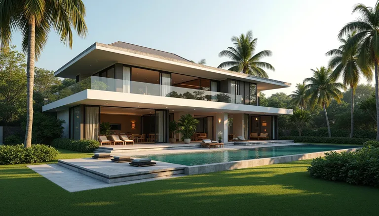 Illustration of a large modern bungalow with a garden and pool in a quiet Singapore landed estate