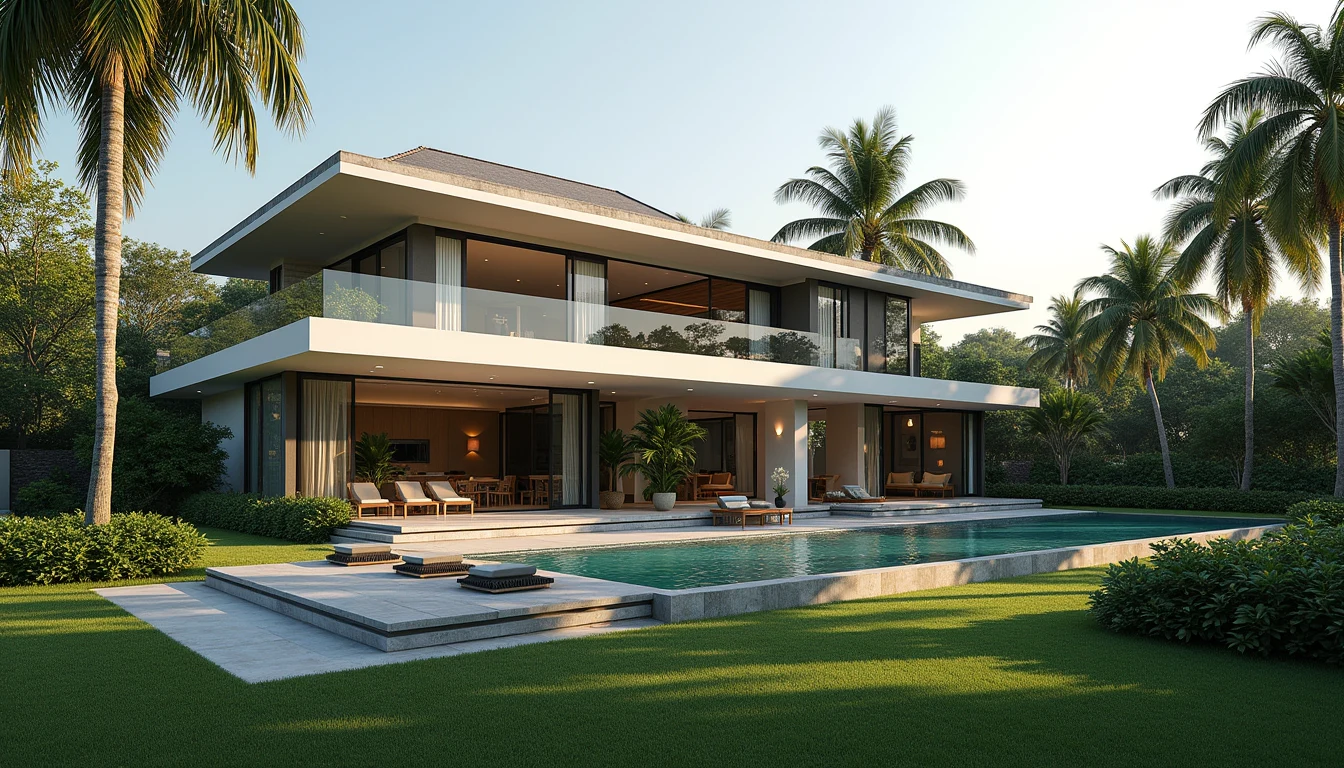 Illustration of a large modern bungalow with a garden and pool in a quiet Singapore landed estate