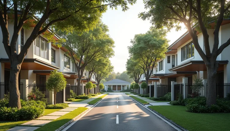 Illustration of a quiet Singapore residential street with landed houses and a school building in soft morning light
