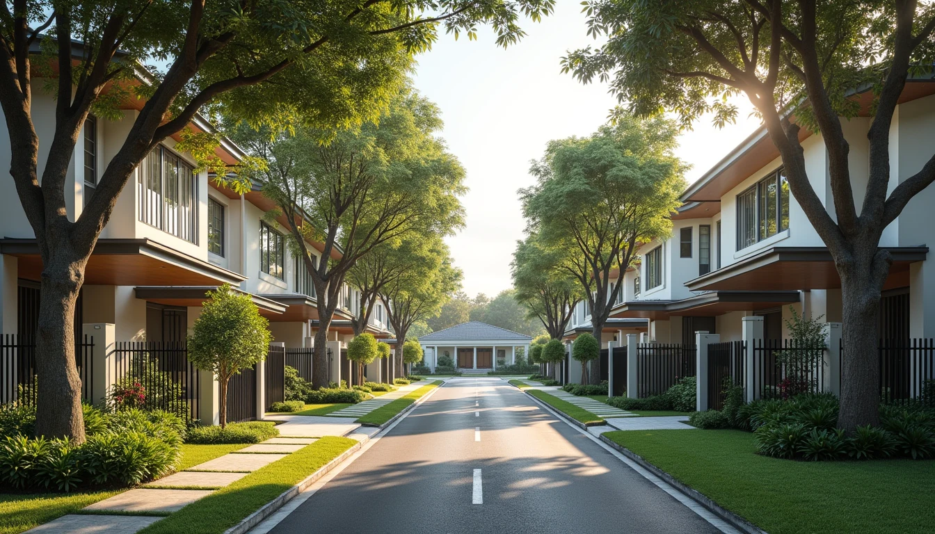 Illustration of a quiet Singapore residential street with landed houses and a school building in soft morning light
